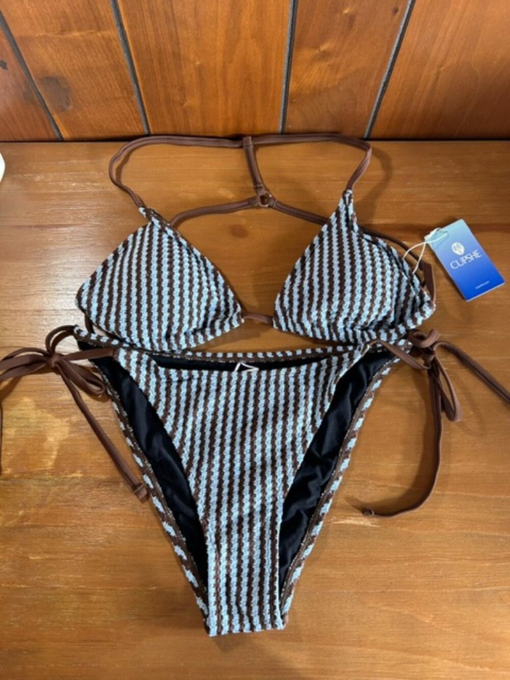 NWT Cupshe Hyper Fixation Striped Bikini Set Triangle Style Brown/Blue Sz Med